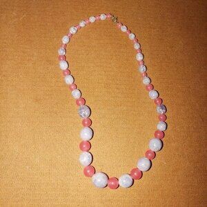 Vintage Pink & White Beaded Necklace With Round Beads & Spring Ring Clasp